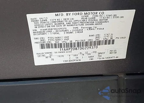 2013 Ford Taurus Se z USA, uszkodzony, nr VIN 1FAHP2D87DG229370